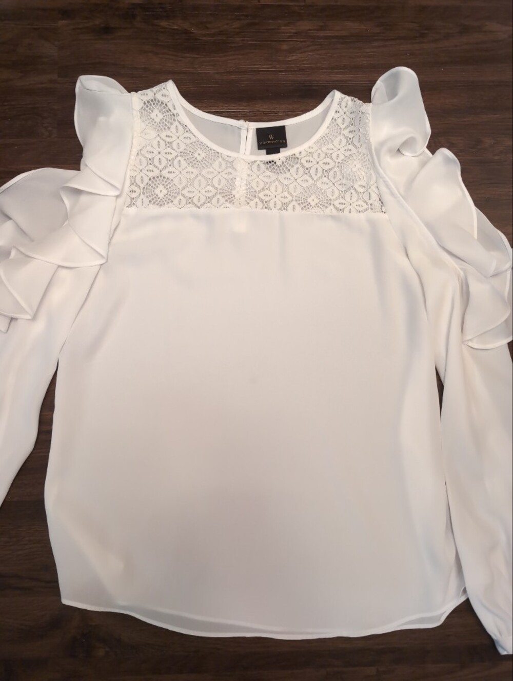Worthington White Lace Yoke Ruffle Sleeve Blouse